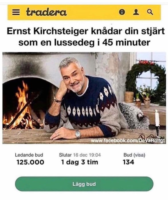 Man i jultröja vid brasa, annons med humoristisk tjänst, Tradera-auktion, ledande bud, tid kvar.