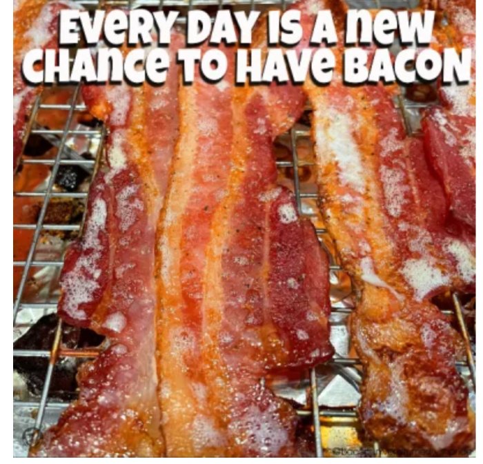 Stekt bacon på galler med texten "EVERY DAY IS A NEW CHANCE TO HAVE BACON".