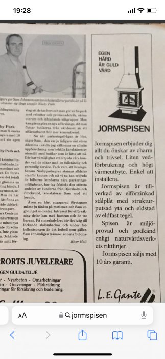 Svartvit bild, text och reklam, spis, tidningsutklipp, artikel, man med verktyg, parabol, skandinavisk text, sökfält.