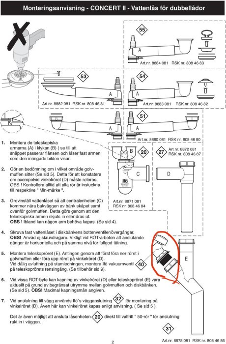 Monteringsinstruktioner för en vattenlås till dubbeldiskho, inkluderar diagram med markerade komponenter och steg-för-steg instruktioner.