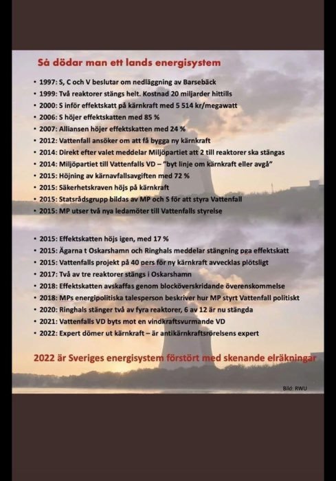 Textlista som kritiserar hantering av Sveriges energisystem, med kronologi från 1997 till 2022, fokus på kärnkraft.