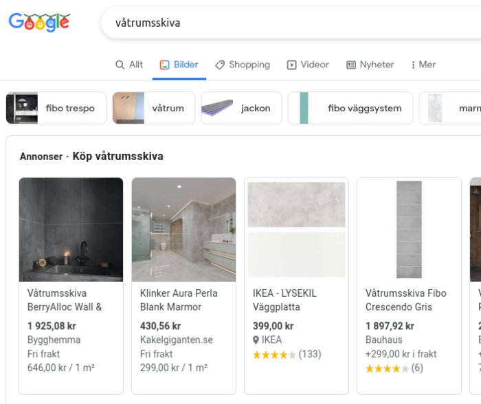 Sökresultat för "våtrumsskiva" med bilder på väggplattor för badrum; annonser med priser och onlinebutiker listas.