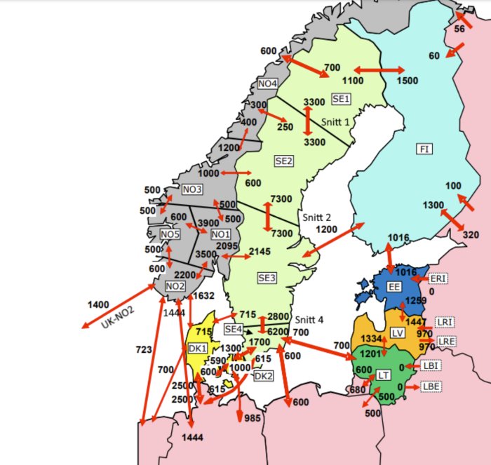 Kartbild över Norden och Baltikum med siffror och pilar som indikerar troligen vindriktningar eller liknande flödesdata.