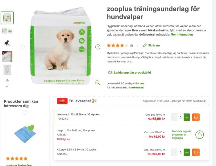 Förpackning av Zooplus träningsunderlägg för valpar, absorberande, vit bakgrund, produktinformation och prissättning.