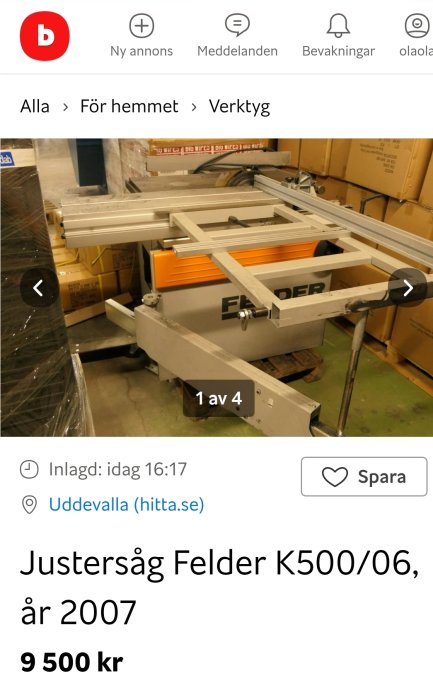 Verktygsmaskin på försäljningsannons, en justersåg från Felder, modell K500/06, år 2007, pris 9 500 kr.