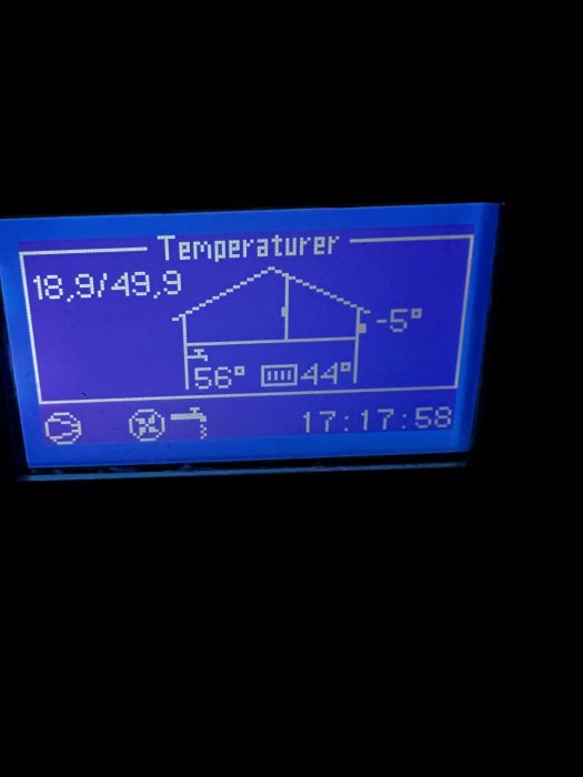 Digital display visar temperaturer inne och ute, graf, tid. Bakgrunden är mörk.