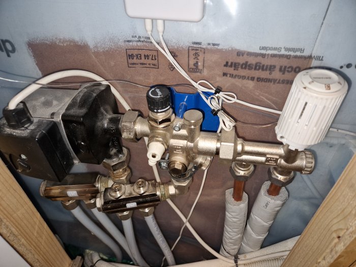 Värmeinstallation med elektrisk ställdon, ventiler och isolerade rör. Inomhus, teknisk utrustning, komplex styrning.