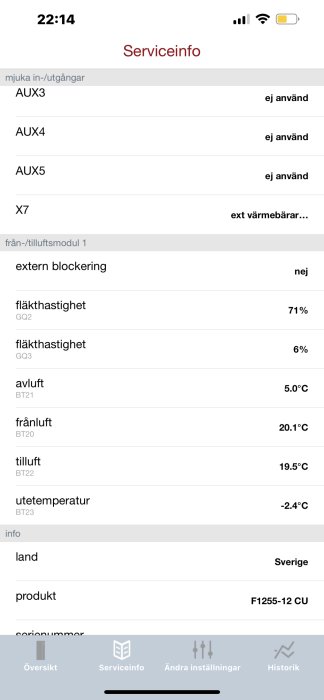 Skärmavbild av tjänstemeny på värmesystem med temperaturinformation och status på funktioner, på svenska.