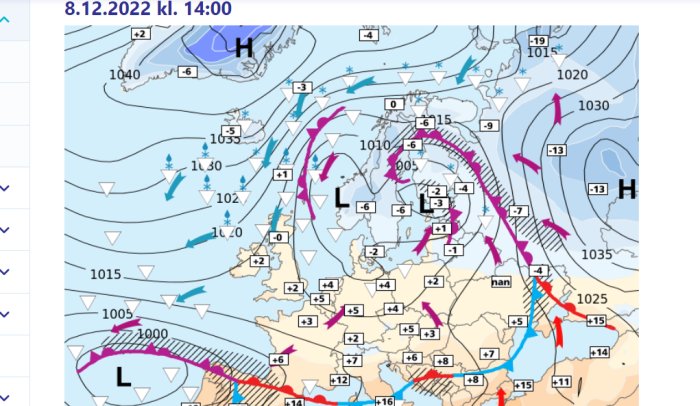 Vädersituation med isobarer, temperaturer, högtryck (H), lågtryck (L), vindpilar och frontlinjer över Europa.