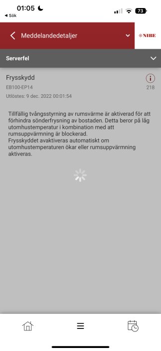 Skärmdump av mobil visar felmeddelande från NIBE med frys-skydd notifikation, låg inomhustemperatur-varning.