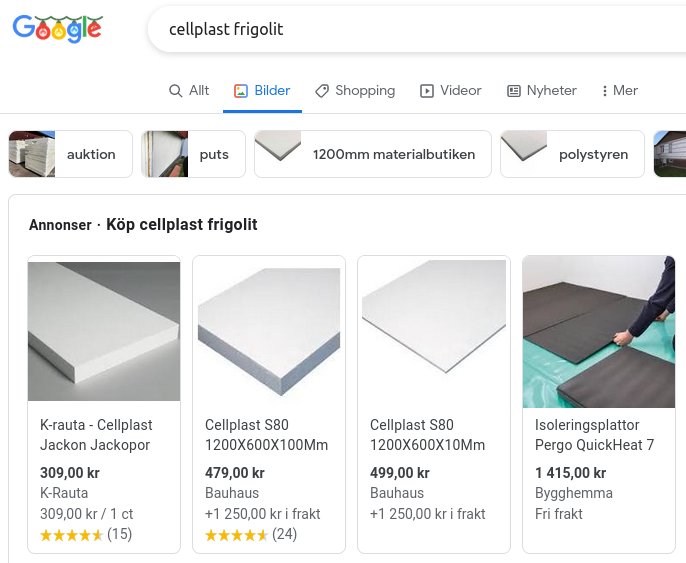 Google-sökningsresultat för cellplast frigolit, visar produkter, priser och butiker.