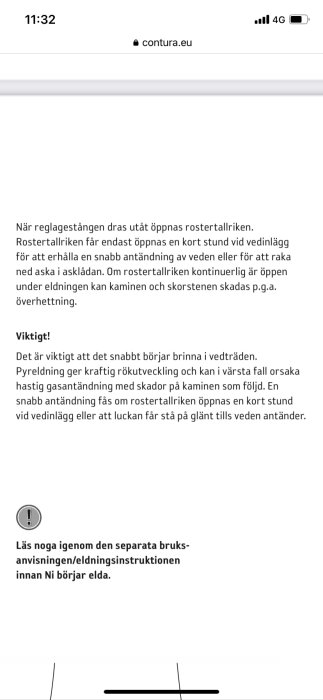 Skärmdump av mobilwebbsida med textinstruktioner för säker användning av eldstad på svenska.