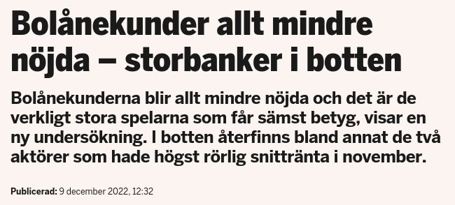 Svensk nyhetsartikel om bostadslånekunder, missnöje med storbanker, undersökning, räntor. Publicerad i december.