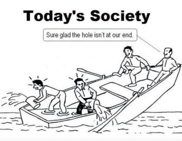 Tecknad bild, fyra personer i båt, hål läcker vatten, ironisk text om samhällsproblem.