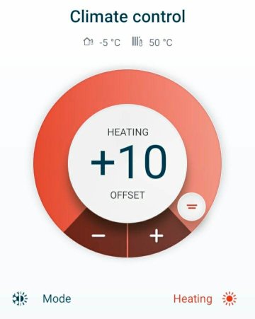 Digital termostatgränssnitt för klimatkontroll som visar uppvärmningsläge med en +10 grader offsetjustering.