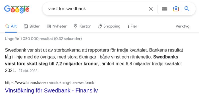 Skärmdump av en Google-sökning för "vinst för swedbank" med sökresultat och artikelutdrag.