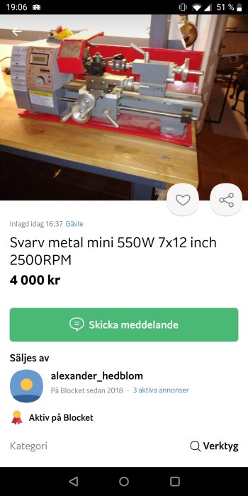 Mini metall svarv till salu, 550W, 7x12 tum, 2500RPM, online annonsering på Blocket.