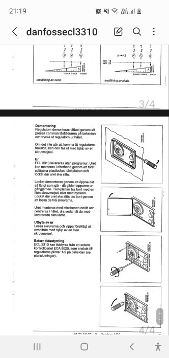 Svenskspråkig instruktionsmanual, diagram, demontering, installation, regleringsutrustning, svartvit.