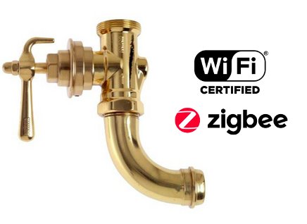 Gyllene kran med Wi-Fi och Zigbee-logotyper, antyder uppkopplade eller smarta hem-funktioner.