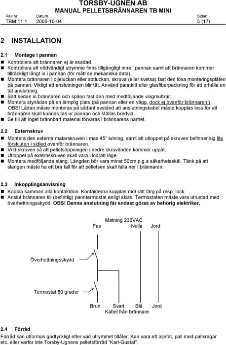 Sida från manual, installation av pelletbrännare, diagram, anvisningar, säkerhetsdetaljer, på svenska.