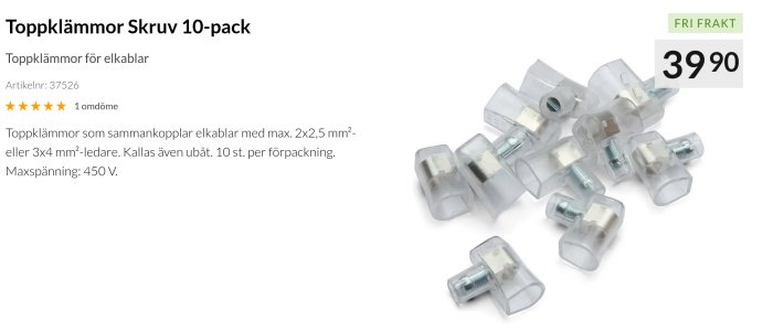 10-pack toppklämmor för elkablar, transparenta, skruvanslutning, max 2x2,5 mm²/3x4 mm² ledare, 450V, fri frakt, 39,90.