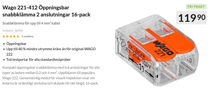 Wago 221-412 snabbklämma, öppningsbar, två anslutningar, transparent, orange spak, för ledningar, 16-pack, prisinformation.