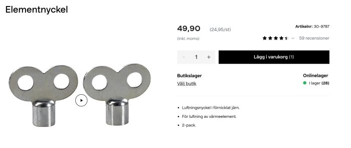 Två metallnycklar för luftning av värmeelement, förnicklat järn, 2-pack, produktinfo och prisangivelse.