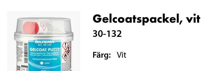 En burk vit gelcoatspackel, artikelnummer 30-132, för reparationer, varningsmärkningar synliga.