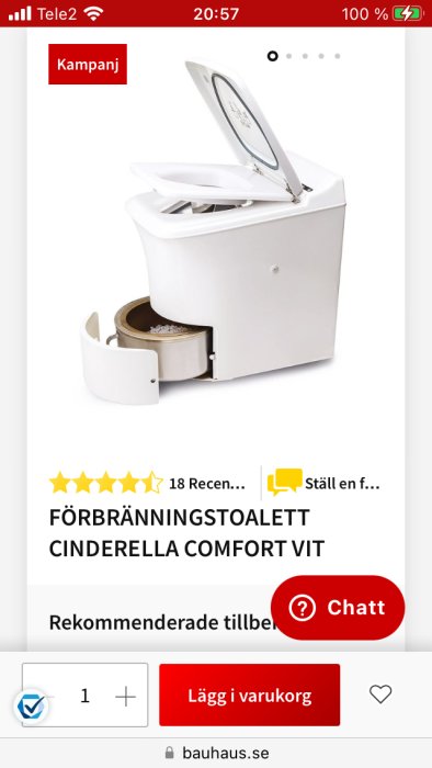 Vit förbränningstoalett, öppet lock, produktbild, femstjärnig kundbetyg, shopping-webbsida, "Cinderella Comfort".