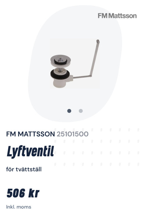 FM Mattsson lyftventil för tvättställ, metall, pris inkl. moms.