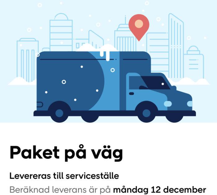 En blå leveransbil i vinterscen mot stadssilhuett med paket-ikonen och text "Paket på väg".