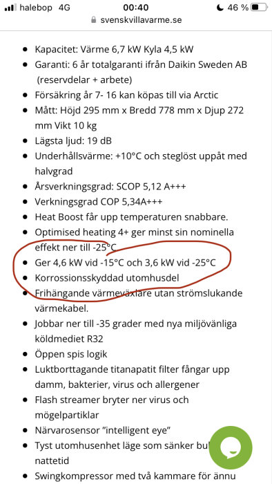 Svensk webbsida som listar specifikationer för en värmepumpsmodell med markerade effektmått för låga temperaturer.