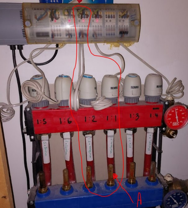 Värmeinstallation med rör, termostater, och märkt med siffror och bokstäver. Oorganiserade kablar ovanpå.