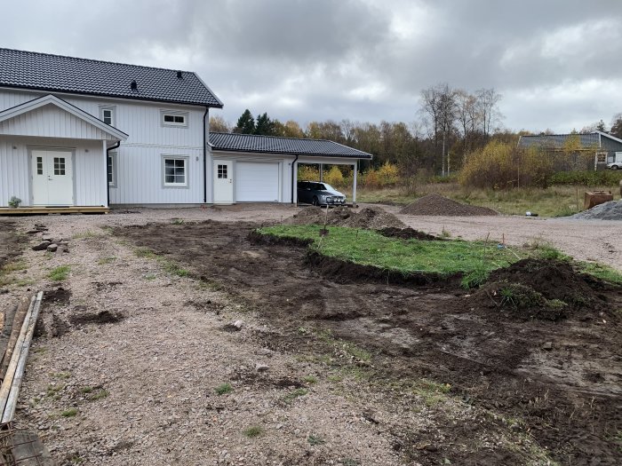 Vit villa med garage, bil, grusuppfart och jordhögar. Trädgårdsarbete eller anläggningsprojekt verkar pågå. Molnig himmel.