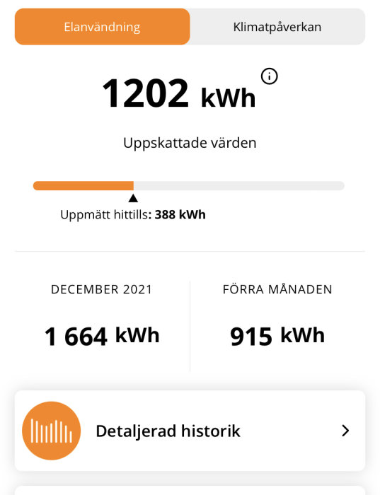 Appskärm som visar elanvändning, uppskattad vs uppmätt förbrukning, historisk data och klimatpåverkan.