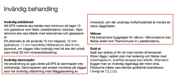 Svensk text om byggnormer för invändig behandling av väggar, brandsäkerhet och isolering.