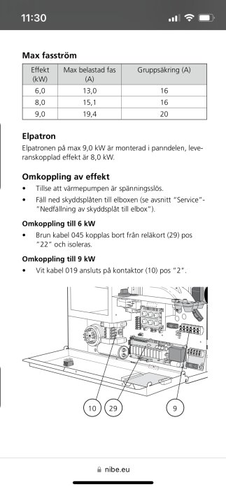 Tekniskt dokument för effektomkoppling och fasström. Tabell, instruktioner, schamtitbild av elektrisk utrustning.