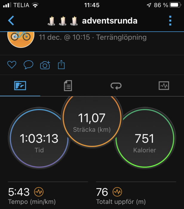 Skärmdump av träningsapp som visar resultatet av en terränglöpning: 11,07 km, tid 1:03:13, förbrända kalorier 751.