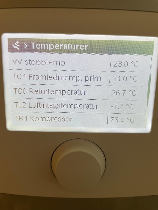 Display visar temperaturer för olika komponenter i värmesystem, inklusive stopp-, framlednings- och returtemperatur.