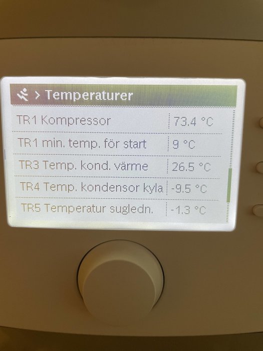 Digital display visar olika temperaturvärden, sannolikt för ett värmesystem. Knapp för inställningar syns nedanför.