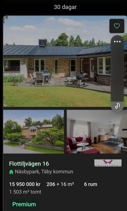 En fastighetsannons för ett hus i Täby kommun med bilder på exteriör och interiör.