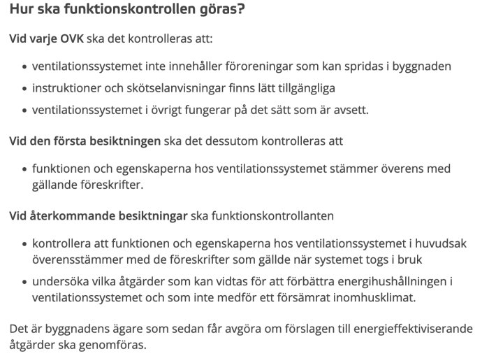 Svensk text om ventilationskontroller, föroreningsfrihet, instruktionstillgänglighet och energieffektiviseringsåtgärder.