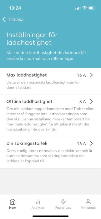 Skärmdump av mobilapp, inställningar för laddhastighet, svenska användargränssnitt, elektricitetssäkringar, användarvänligt.