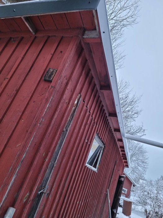 En röd stuga, snöig miljö, lutande foto, träpanel, fönster, nordisk arkitektur, grå himmel, vinterdag.