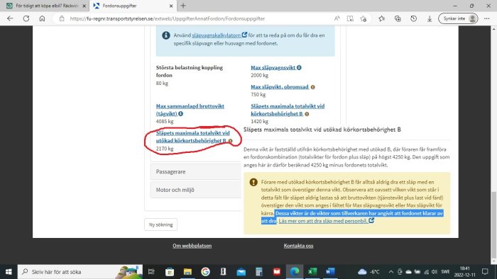 Skärmdump av webbplats, markerad text, fordonsinformation, släpvagnsvikt, svenska.