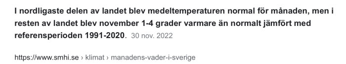 Text om Sveriges väder i november 2022; varmare än normalt, hänvisning till SMHI:s webbplats.