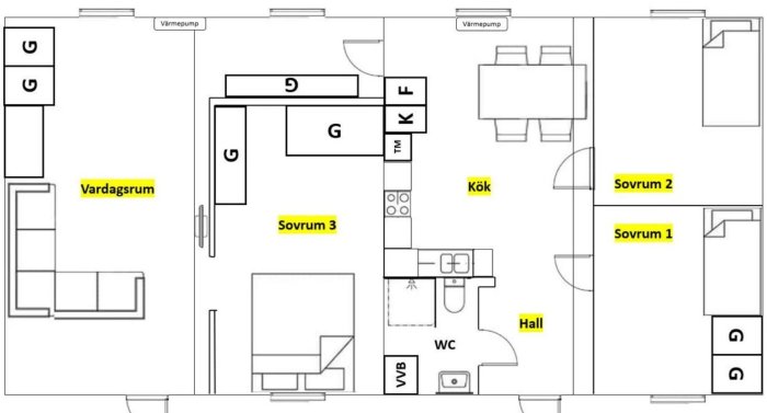 En planlösning för en lägenhet med tre sovrum, vardagsrum, kök, hall och WC.