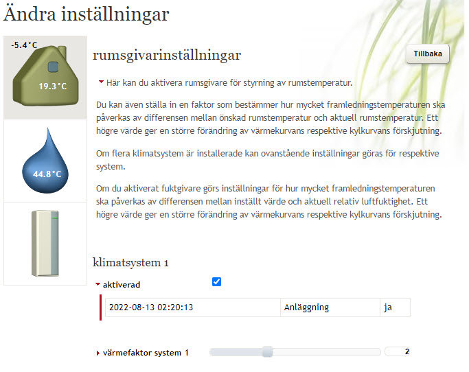 Skärmdump av inställningar för klimatsystem med temperaturer, ikoner och värmefaktor slider; text på svenska.