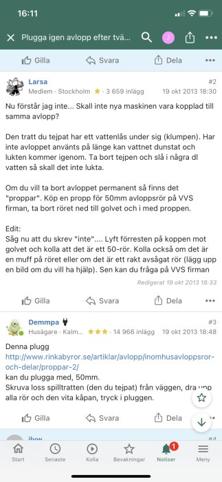 Skärmdump från forumdiskussion om att plugga avlopp med förslagslänk till produkt.