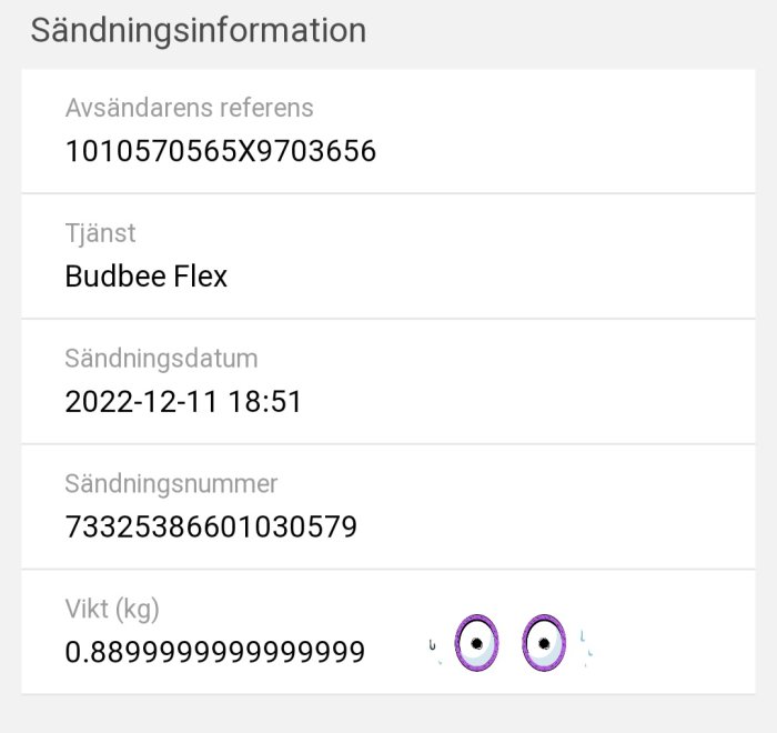 Skärmdump visar fraktsedel med referensnummer, Budbee Flex-tjänst, datum, sändningsnummer, och vikt på paketet.
